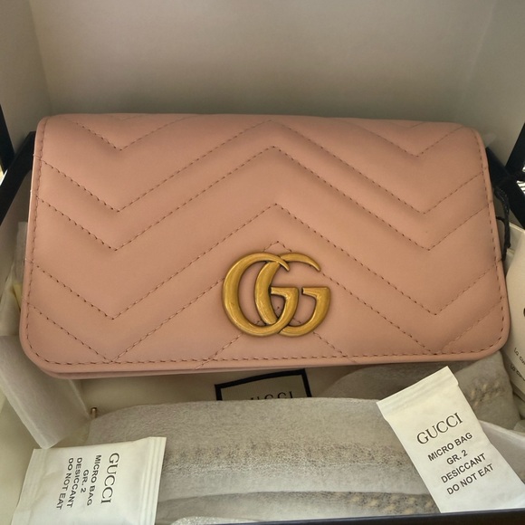 New Authentic Gucci GG Marmont Mini leather shoulder bag chain pink 488426 - Picture 2 of 6